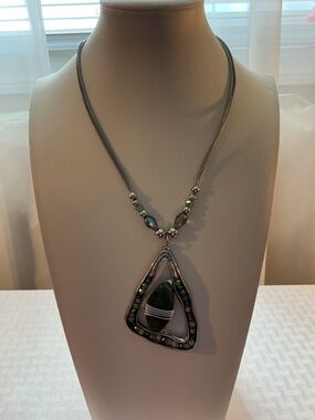 Green Chalcedony Glass Silver Tone Pendant Necklace